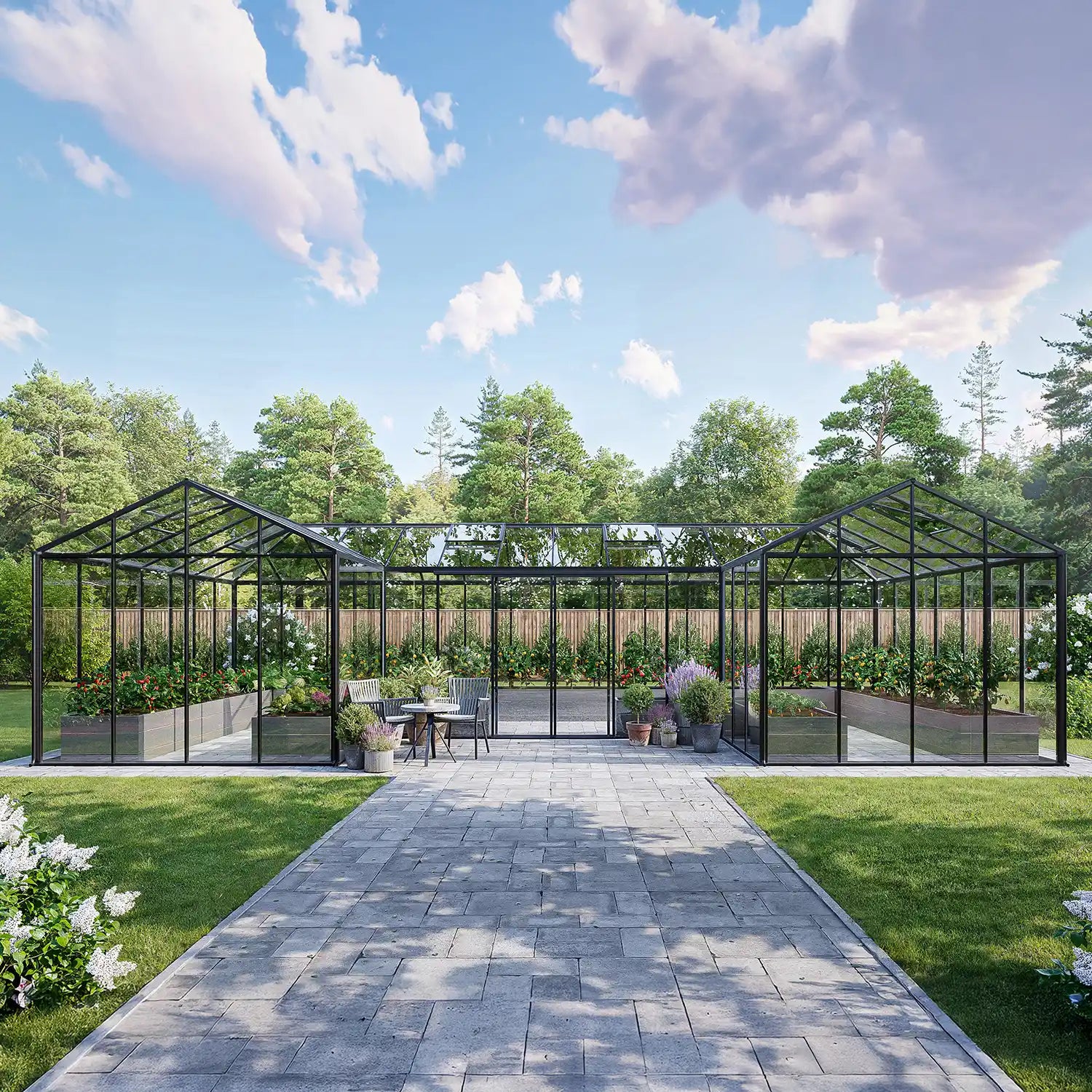 The Estate glass greenhouse roof vents and matte black aluminum frame