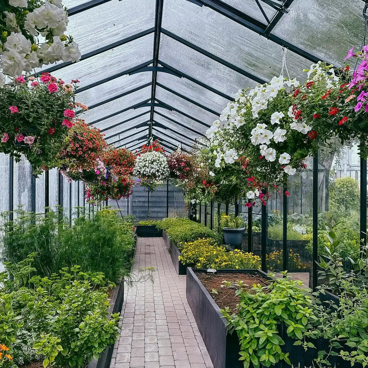 Interior view of The Estate walk-in glass greenhouse with raised garden beds