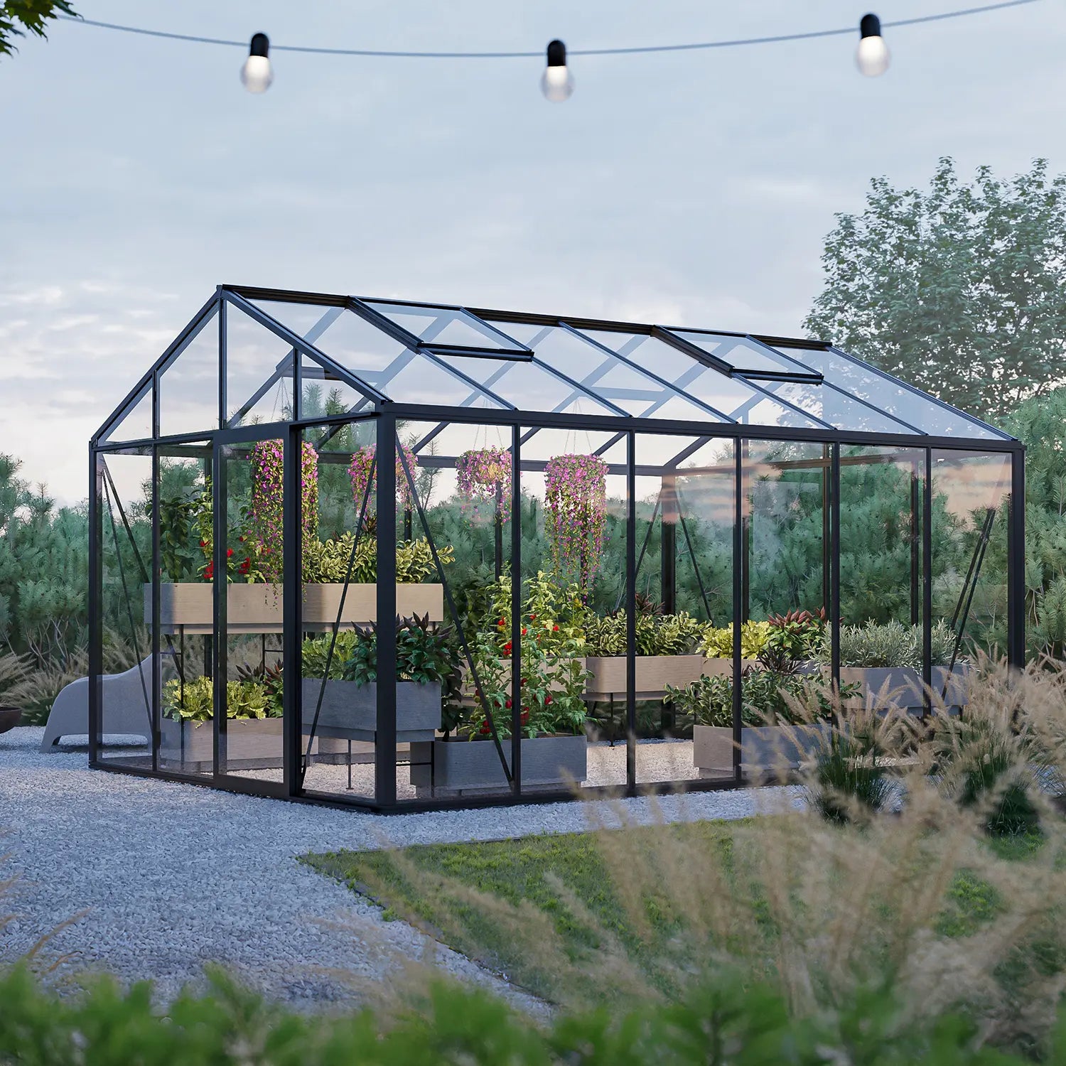 The Cottage classic glass greenhouse with gable roof in backyard garden