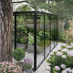 Interior of The Residence glass greenhouse with raised planting beds