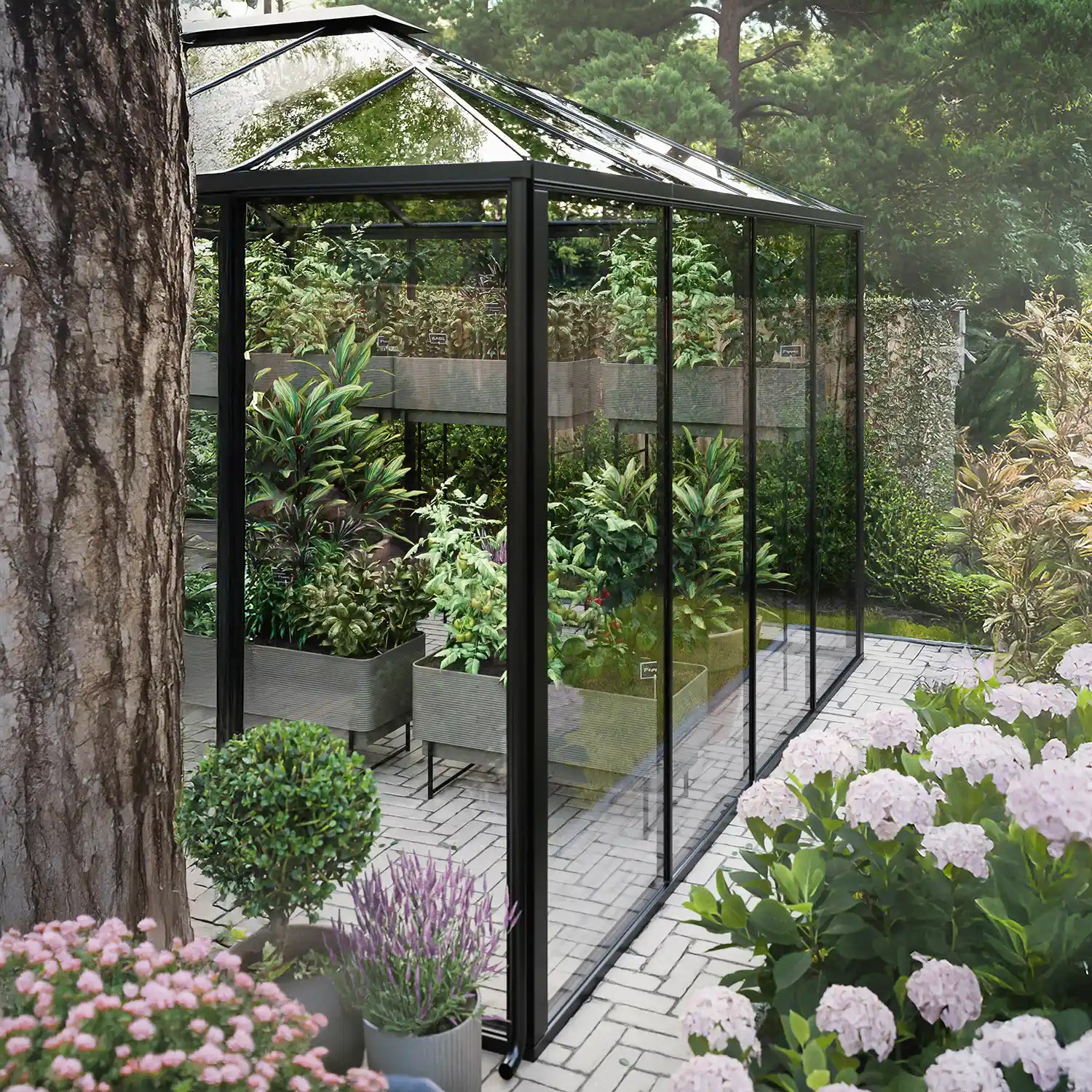 Interior of The Residence glass greenhouse with raised planting beds