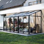 The Retreat lean-to glass greenhouse attached to house wall