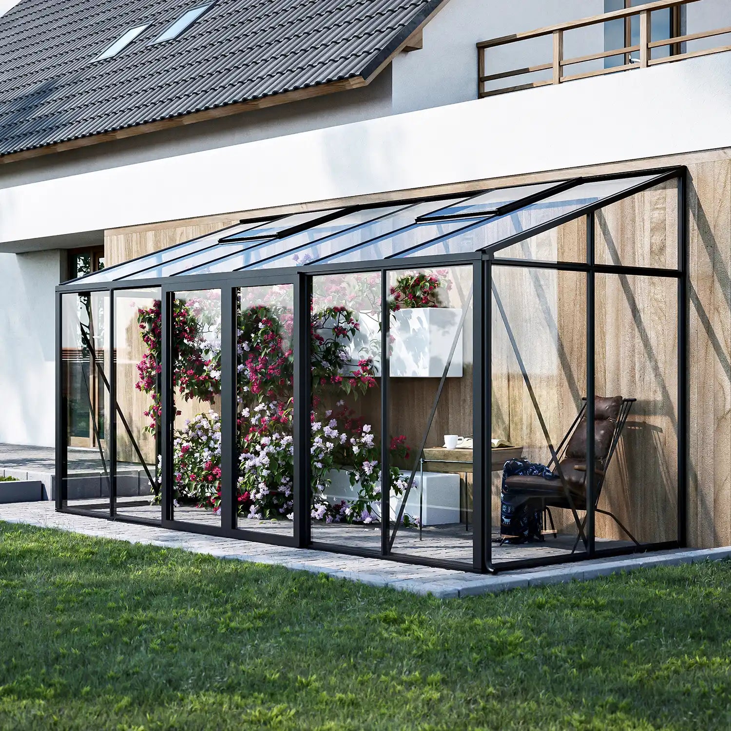 The Retreat lean-to glass greenhouse attached to house wall