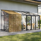 The Retreat glass greenhouse double sliding doors against garage wall