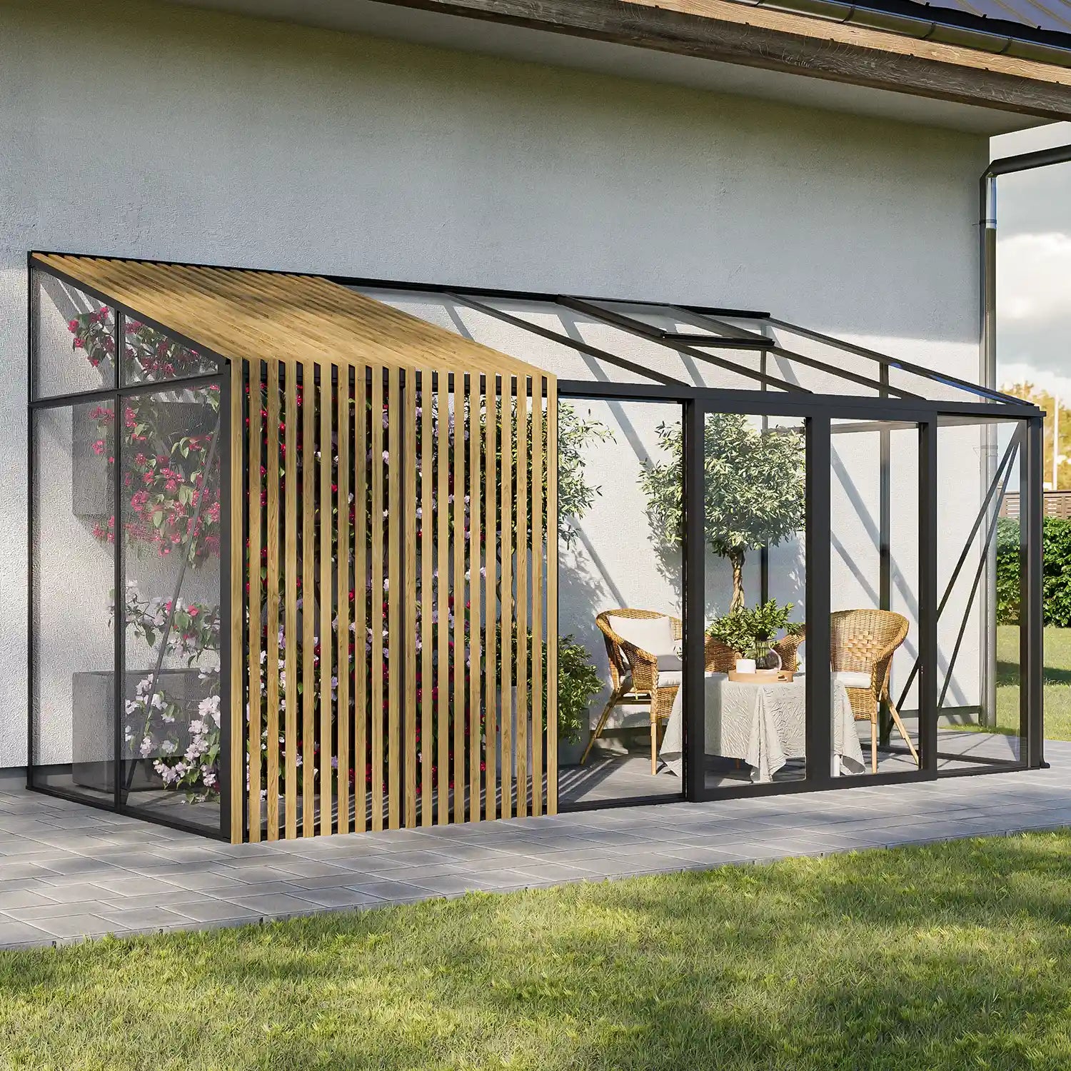 The Retreat glass greenhouse double sliding doors against garage wall
