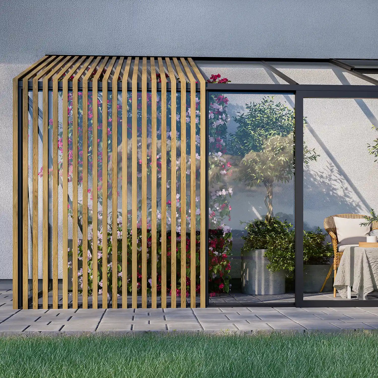 The Retreat glass greenhouse double sliding doors against garage wall