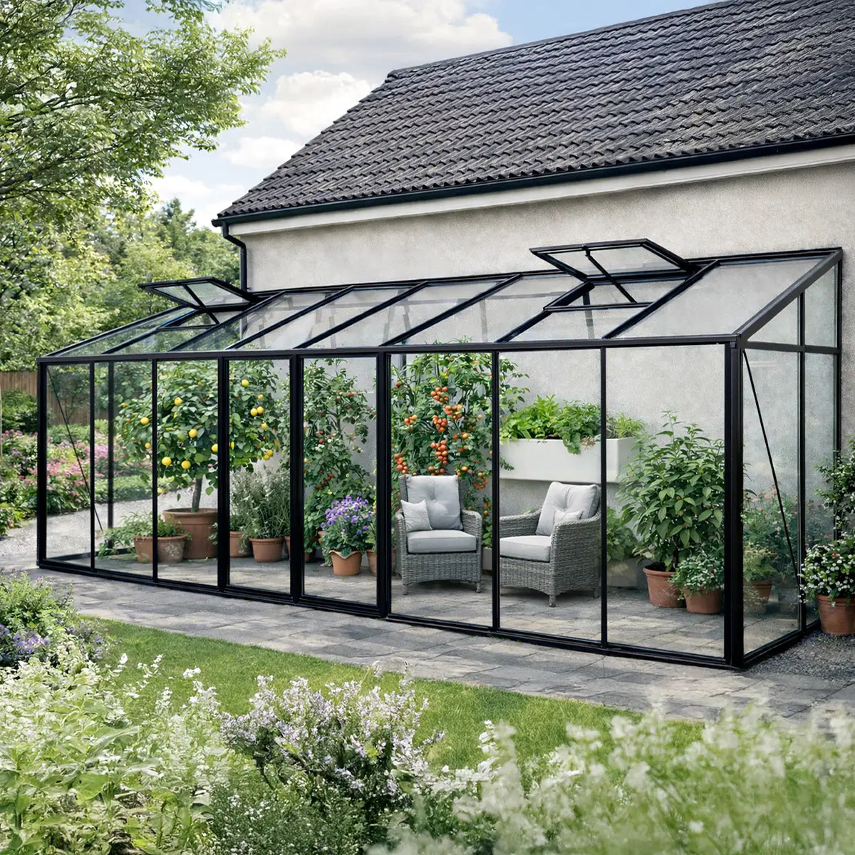 The Retreat glass greenhouse double sliding doors against garage wall