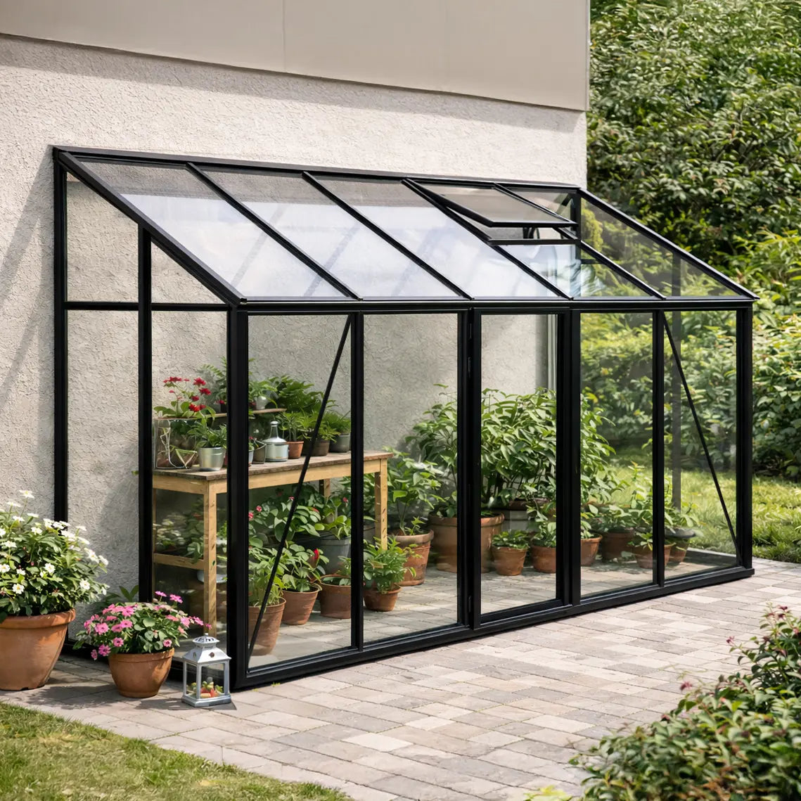 Lean-to glass greenhouse The Retreat by PrimeGreenhouses