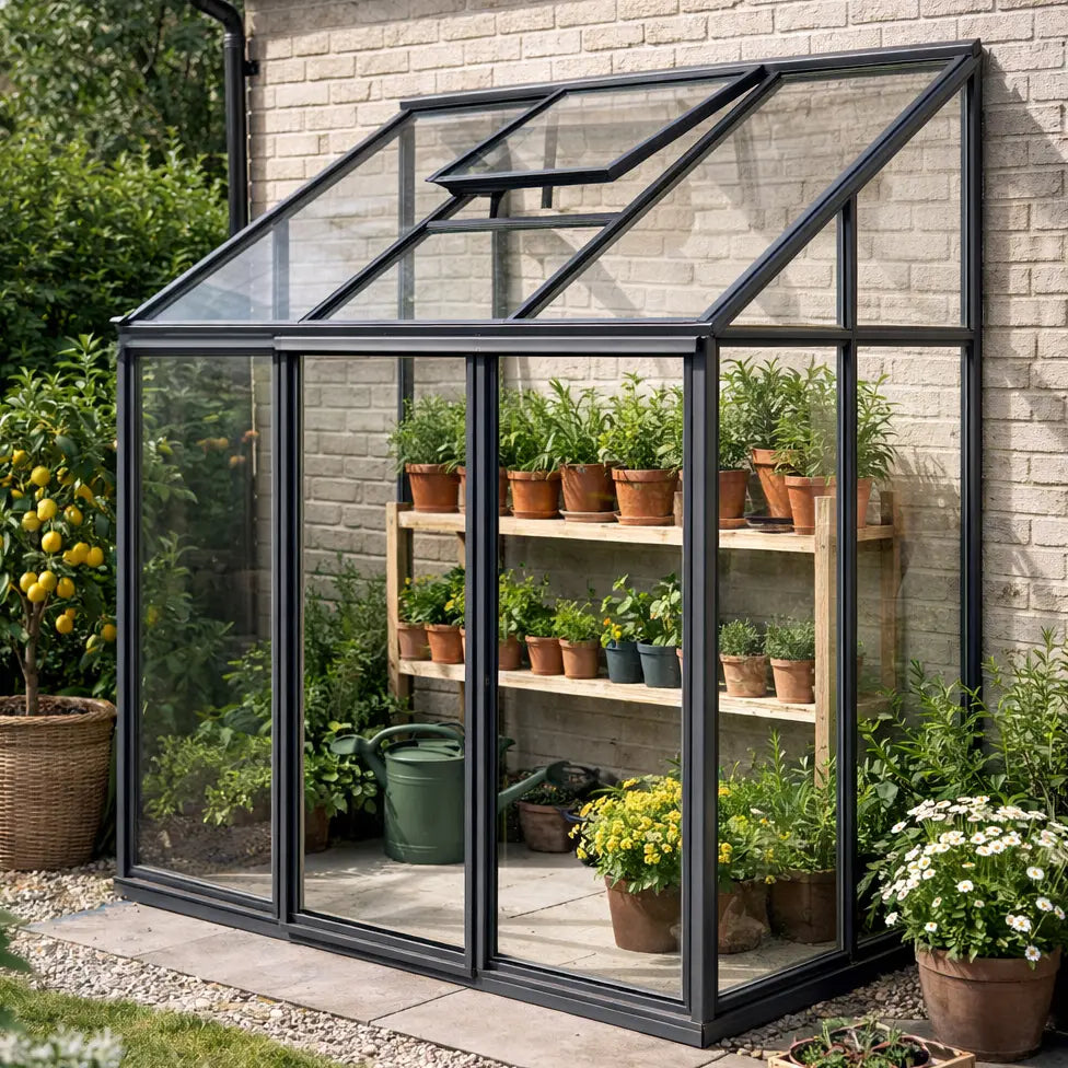 Lean-to glass greenhouse The Retreat by PrimeGreenhouses