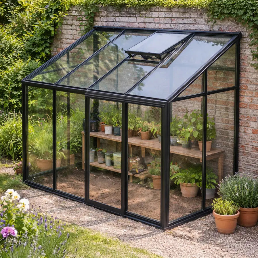 Lean-to glass greenhouse The Retreat by PrimeGreenhouses