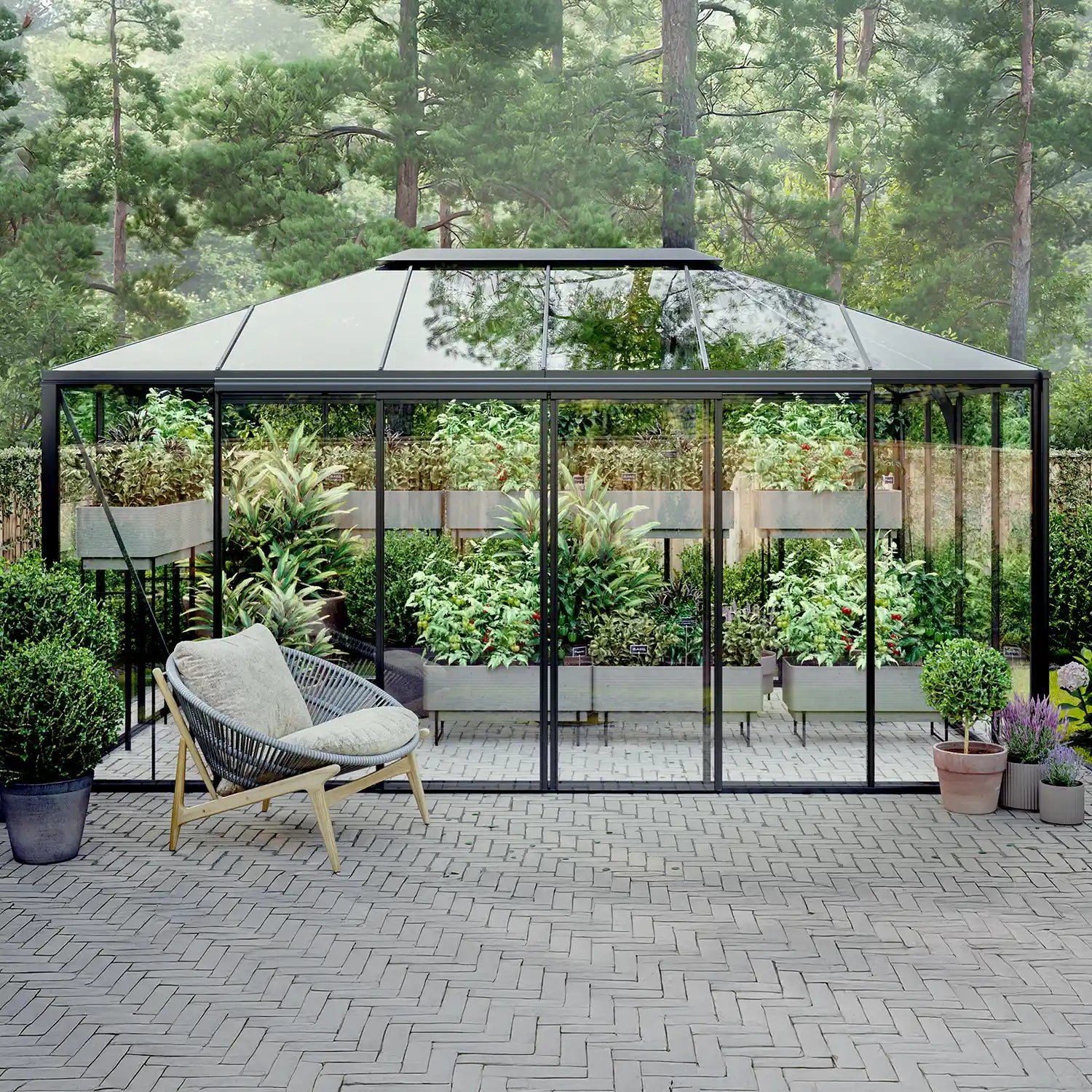The Residence pyramid-roof glass greenhouse in backyard garden setting