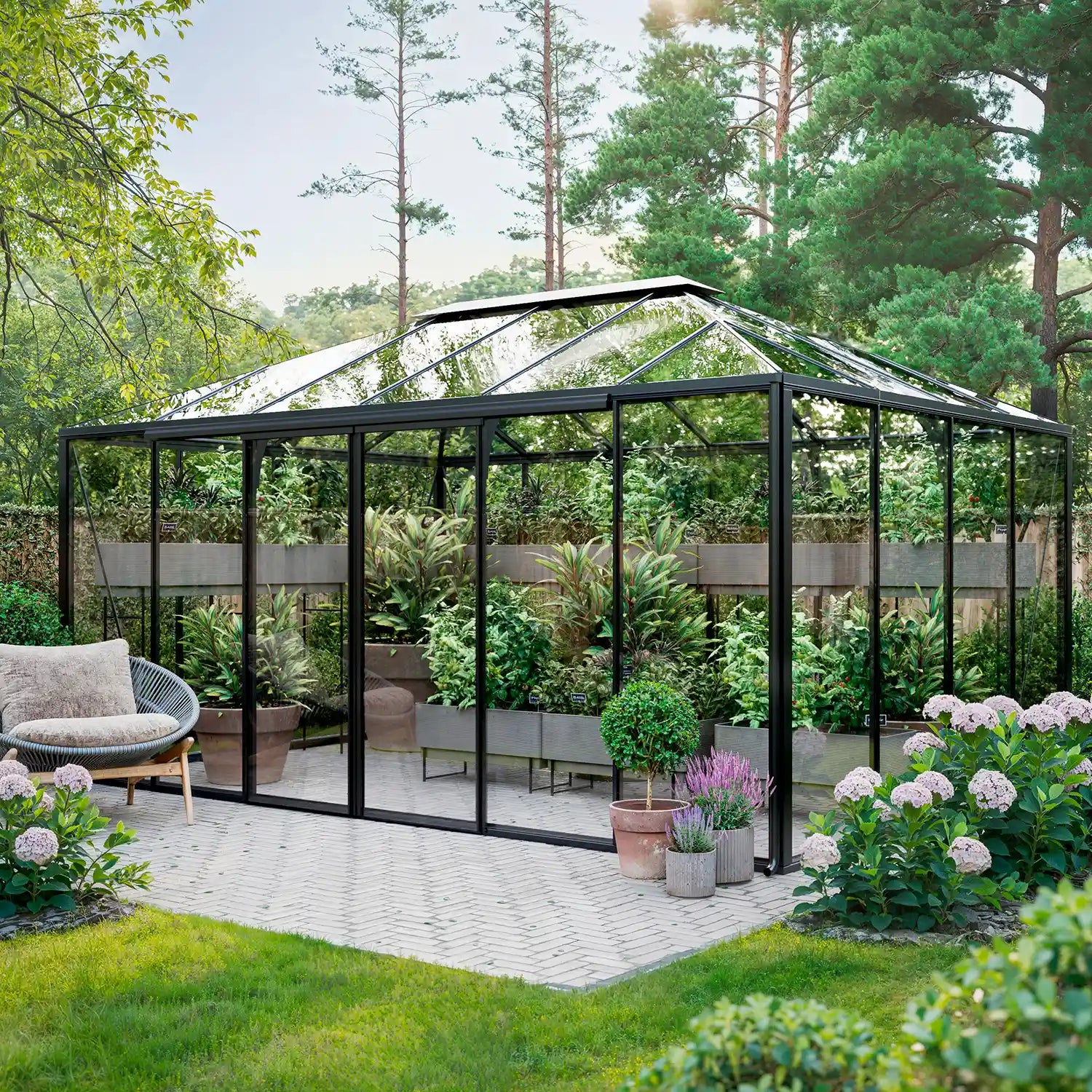 The Residence glass greenhouse sliding door detail, matte black aluminum frame