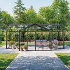 The Manor T-shape glass greenhouse with distinct growing and workspace zones"