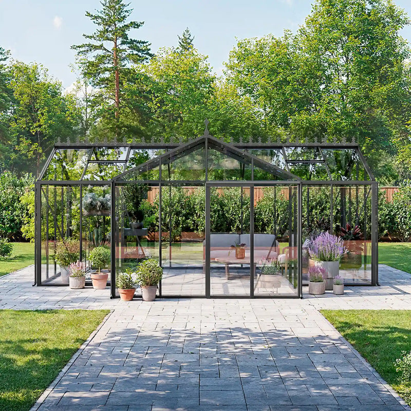 The Manor T-shape glass greenhouse with distinct growing and workspace zones"