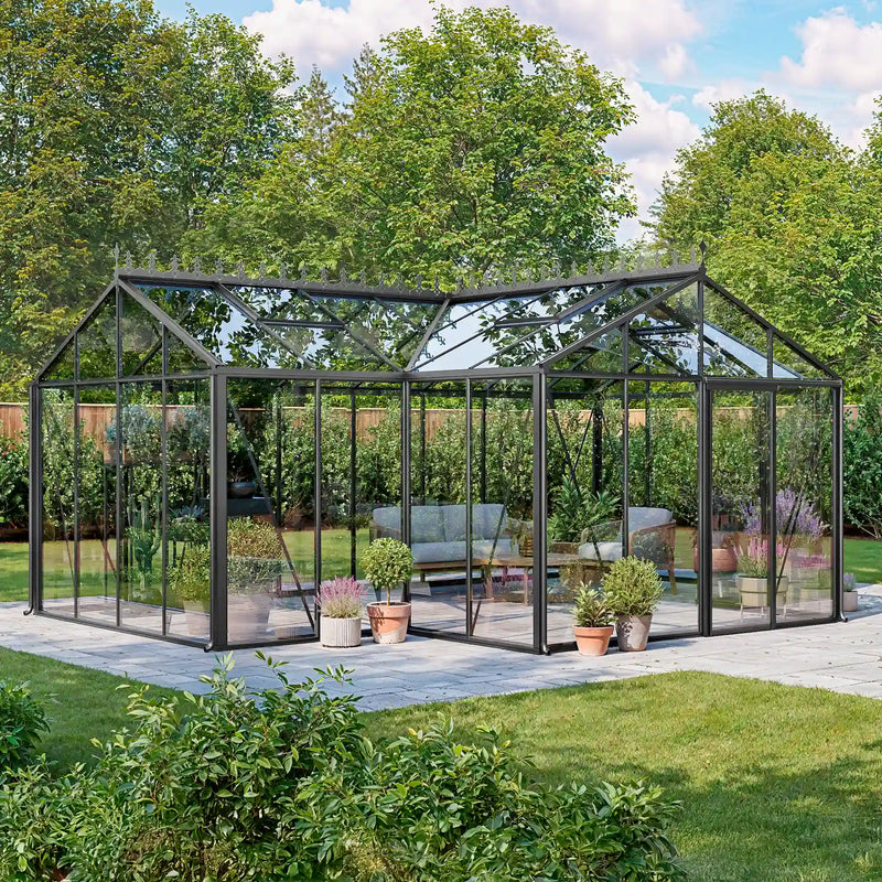 The Manor glass greenhouse sliding door detail, matte black aluminum frame
