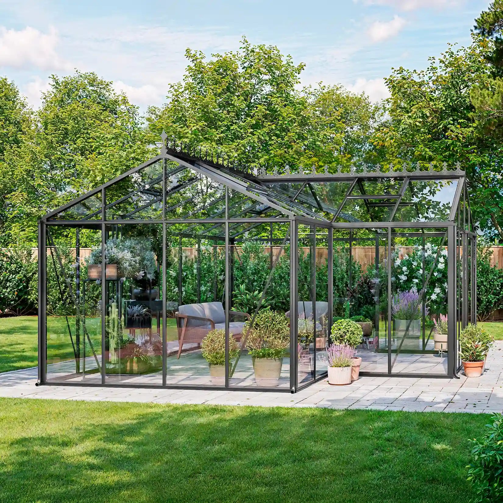 Interior of The Manor greenhouse showing separate potting and growing areas