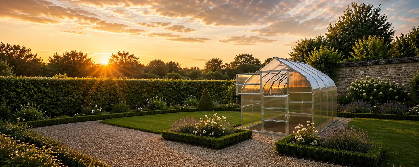 The Modern Polycarbonate Greenhouse by PrimeGreenhouses in the middle of the backyard with beautiful sunset