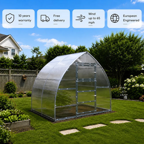 The Peak polycarbonate greenhouse by PrimeGreenhouses with a gothic peak roof